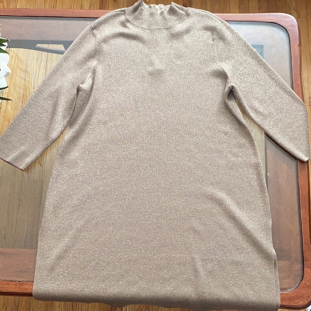 Chicos Travelers collection women’s gold shimmer knit dress sweater side slits